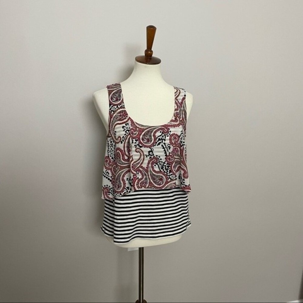 Anthropologie Meadow Rue Top Sleeveless Mixed Media Layered Striped Paisley Red